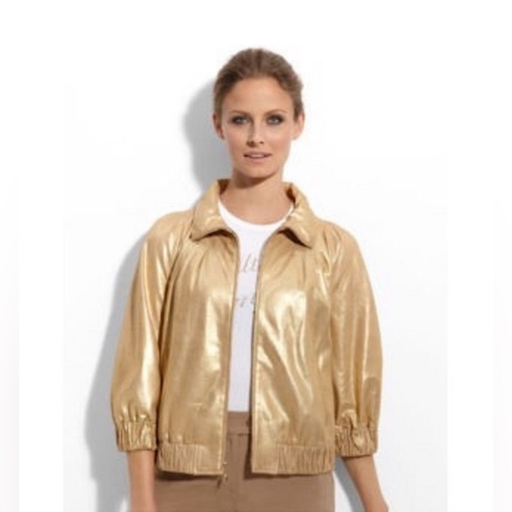 St. John 100% Lambs Leather and Silk Gold Bomber Jacket Women's M Like New